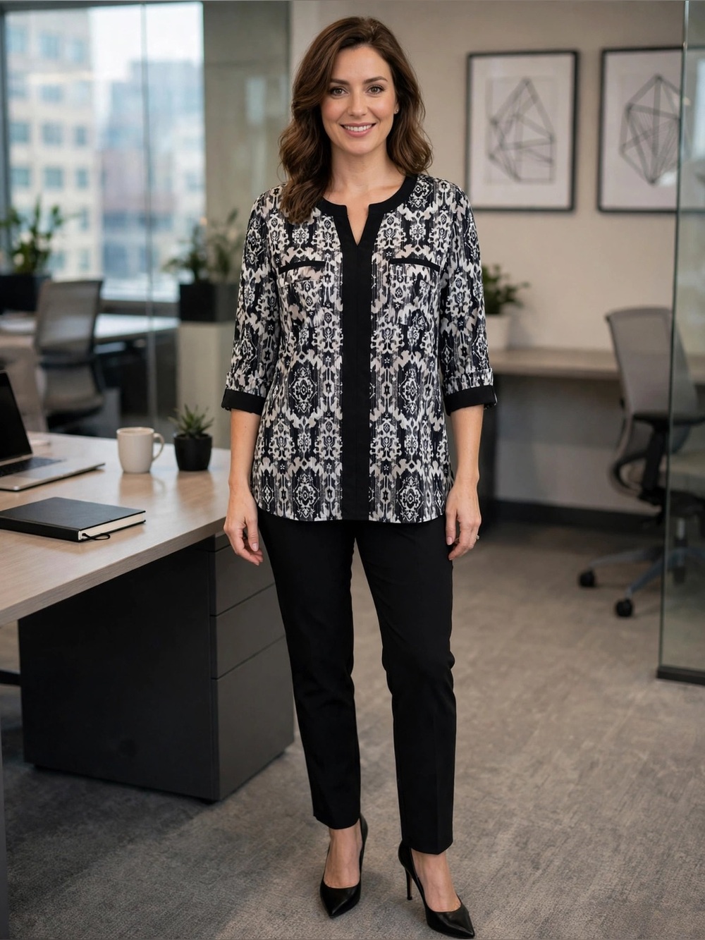 new directions Black and White Patterned Roll-Sleeve Blouse Size 1X